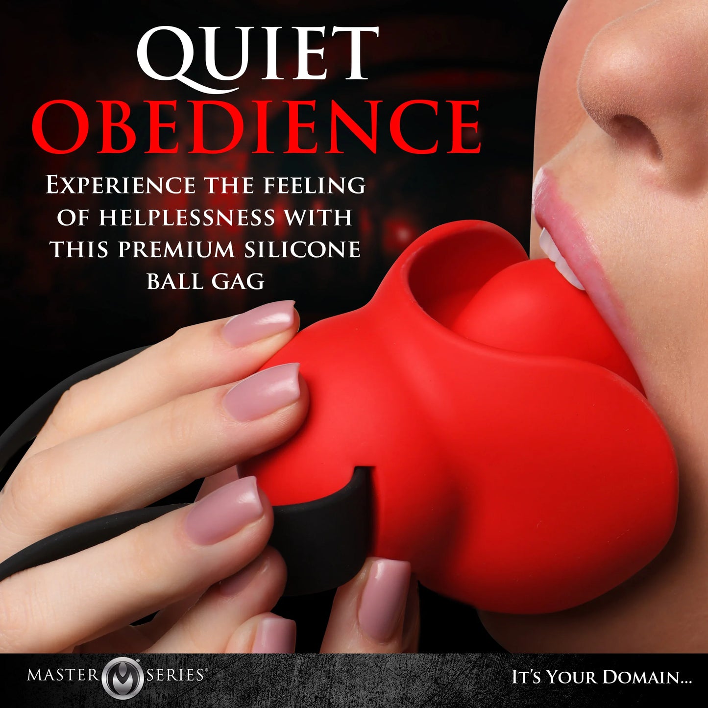 A person is placing the Master Series Gag Order into their mouth. Text on the image reads: Quiet obedience. Experience the feeling of helplessness with this premium silicone ball gag. | Kinkly Shop