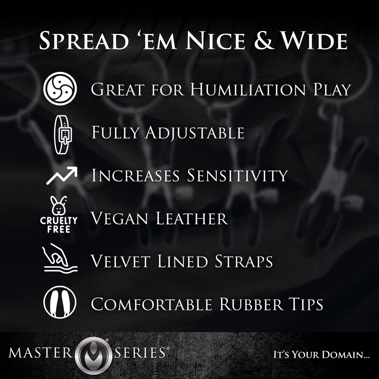 Text image describing the Master Series Labia Spreader with Clamps. Text reads: "Great for humiliation play. Fully adjustable. Increases sensitivity. Vegan leather. Velvet lined straps. Comfortable rubber tips." | Kinkly Shop