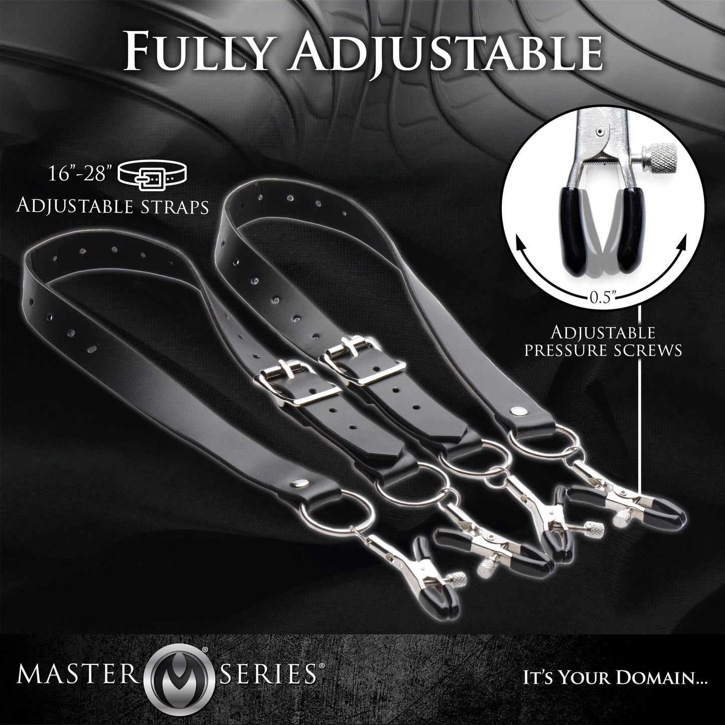 Image of the Master Series Labia Spreader with Clamps with a close-up on the adjustable width tips of the clamps. Text reads: "Fully adjustable. Adjustable pressure screws. 16" - 28" Adjustable Straps." | Kinkly Shop