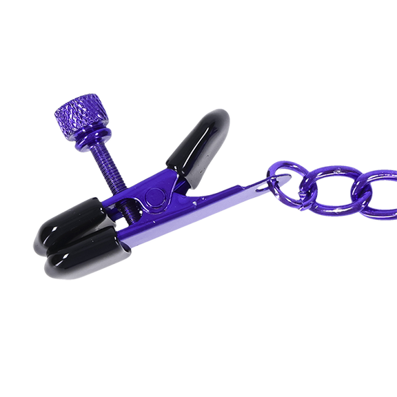 Close-up of one of the clamps of the Merci Chained Up. It is a color-matched purple and has rubbed tips. | Kinkly