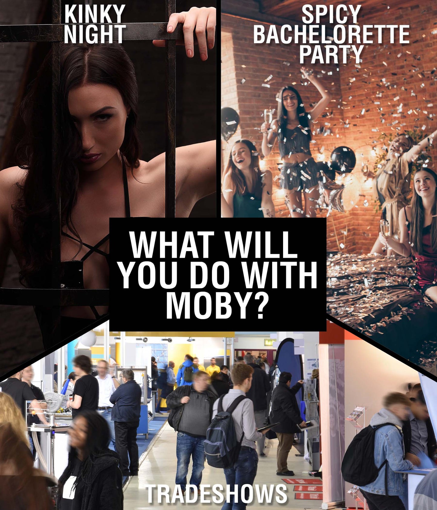 Collage of images reads: "What will you do with Moby? Kinky night. Spicy bachelorette party. Tradeshows. | Kinkly Shop