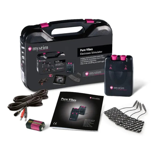 Everything included in the MyStim Pure Vibes kit, including two cables, a V8 battery, the instruction manual, 4 electrode pads, and the Pure Vibes controller. | Kinkly Shop