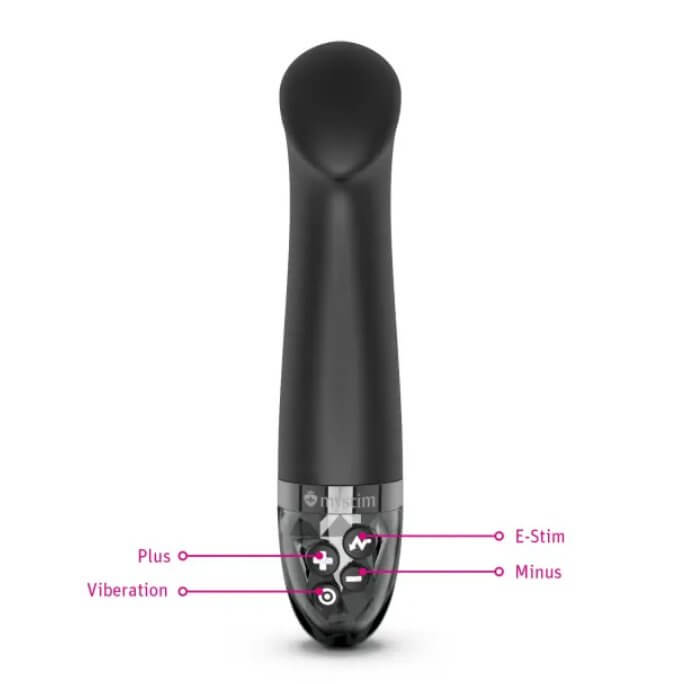 Mystim Right on Ron shown with the four control buttons on the base labeled. There are four buttons in sideways, diamond-like pattern placement. There's a Plus Button, Minus Button, e-Stim button, and Vibration button. | Kinkly Shop