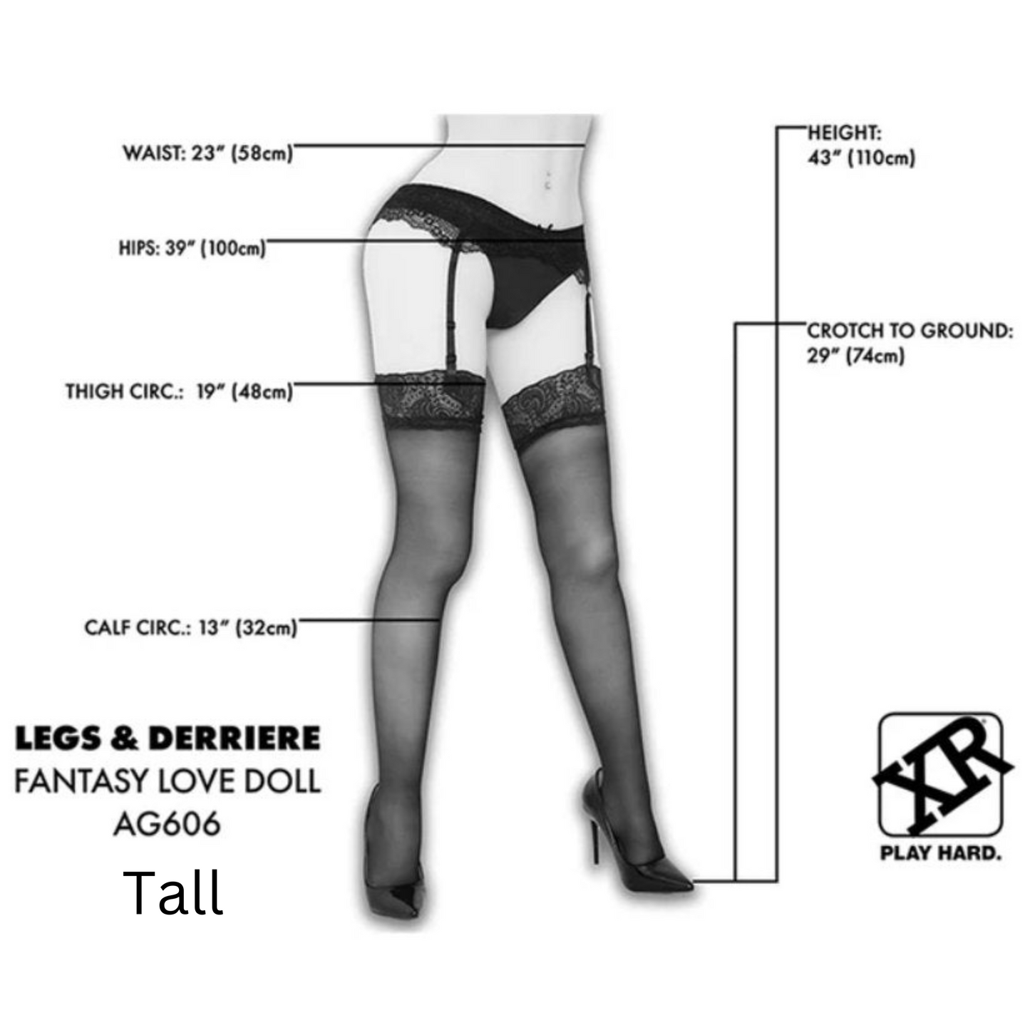 Measurements for the NextGen Waist Down Doll with Stand in Tall. The measurements of the Tall doll are superimposed over a picture of the doll. All of the measurements can be found in text in the product description. | Kinkly Shop