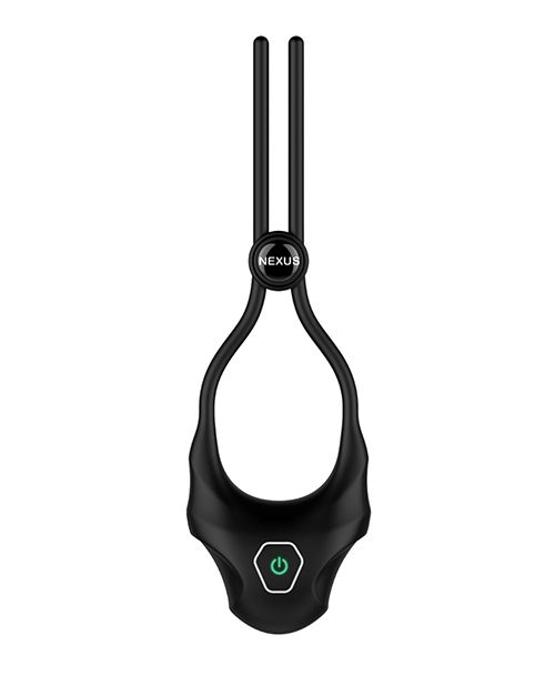 Nexus Forge Lasso Vibrating Ring up against a white background. There's a single green-backlit power button on the base of the Nexus Forge Lasso Vibrating Ring. | Kinkly Shop