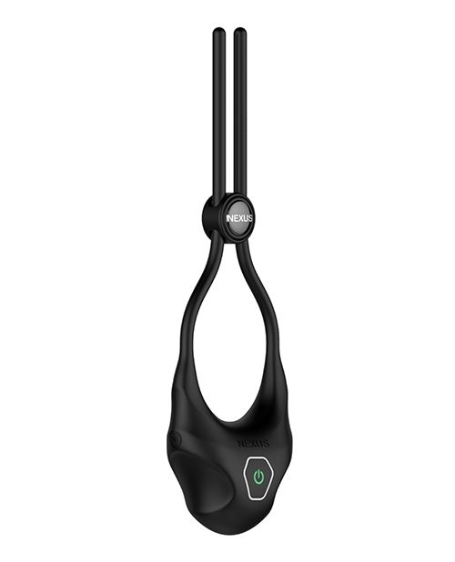 A 3/4ths angle of the Nexus Forge Lasso Vibrating Ring. The edges of the vibrator on the Nexus Forge Lasso Vibrating Ring are rounded and sloped for a comfortable fit that won't press painfully into sensitive flesh. | Kinkly Shop