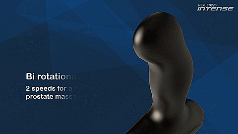 GIF showcasing the rotating tip at the tip of the Nexus Revo Intense. Text reads: Bi rotational shaft. 2 speeds for a firm prostate massage. | Kinkly Shop