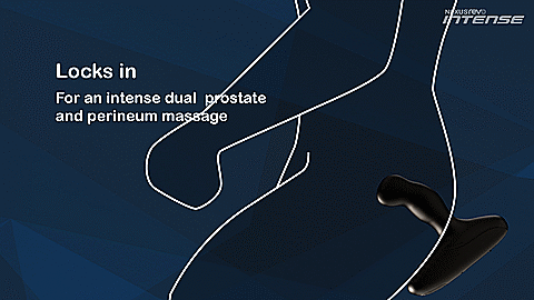 GIF shows the Nexus Revo Intense being slid into a butt, snuggling the tip up into the prostate. Text on the image reads: Locks in for an intense dual prostate and perineum massage. | Kinkly Shop