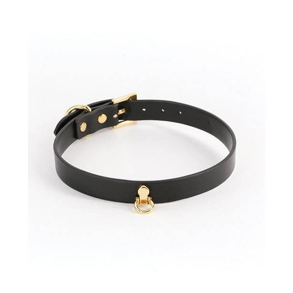 The NS Novelties Cara Collar in front of a plain white background. It's a thin, circular black color that goes all around the neck with a small gold O-ring on the front of the collar. It looks like a discreet fashion collar. | Kinkly Shop