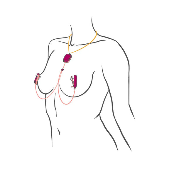Illustration showcases a person wearing the OhMiBod Sphinx. The power pack hangs from the neck on a necklace while the two vibrating clamps are fastened onto the nipples. | Kinkly