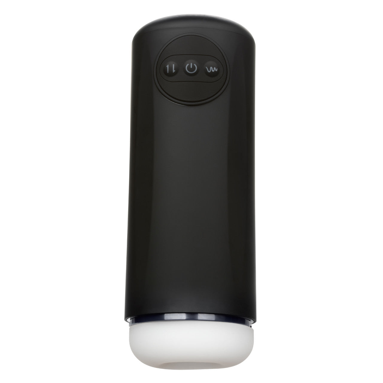 The Optimum Power Vibrating & Thruster Stroker in front of a plain white background. The stroker has three buttons on its side, allowing for easy control of its functions. | Kinkly Shop