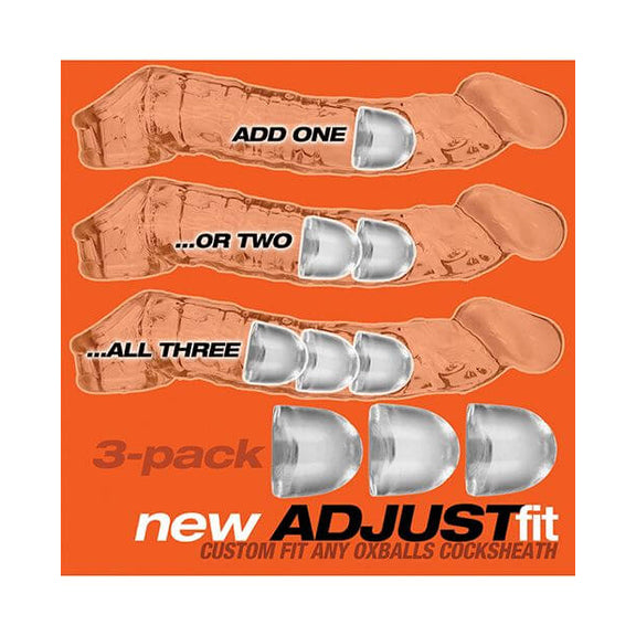 An illustration showing how the Oxballs AdjustFit Inserts work. It shows that you can use one, two, or three of the inserts inside your Oxballs extender to make the extender fit better. | Kinkly Shop