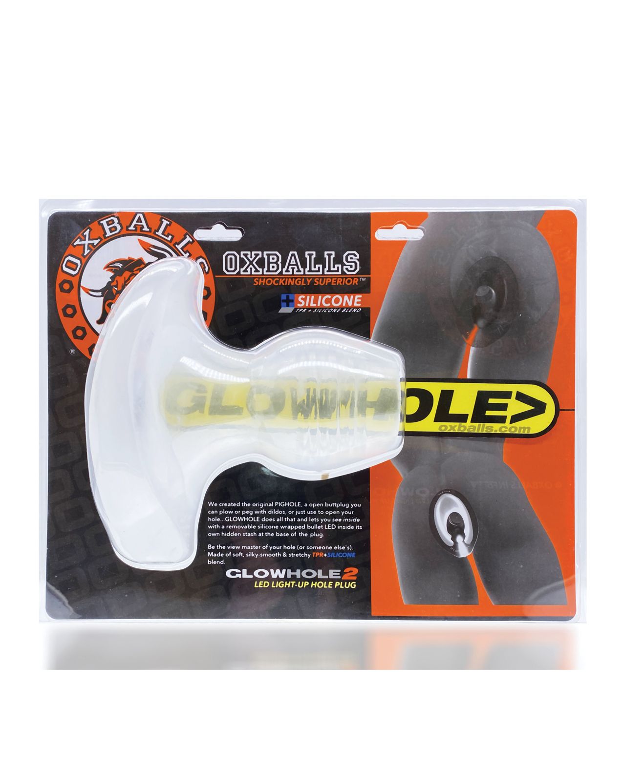 Packaging for the Oxballs Glowhole. It's in a blister-pack package that showcases the product clearly. | Kinkly Shop