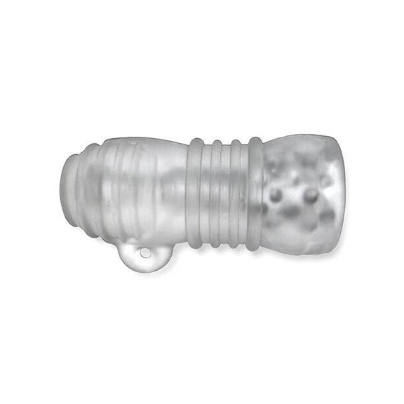 Top-down view of the Oxballs Jack't stroker. The protruding finger hole is very prominent in this view, showcasing where a finger could be slid in to make it easier to keep a good grip on the toy. | Kinkly Shop