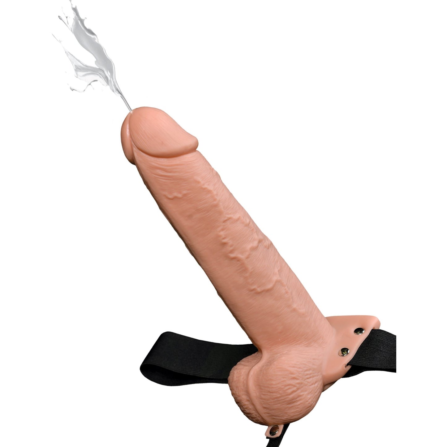 The 9" Hollow Squirting Strap On in Pale shown in the harness, squirting out a load out of the top of the dildo. It has a firm-looking design with realistic details and testicles at the base. | Kinkly Shop