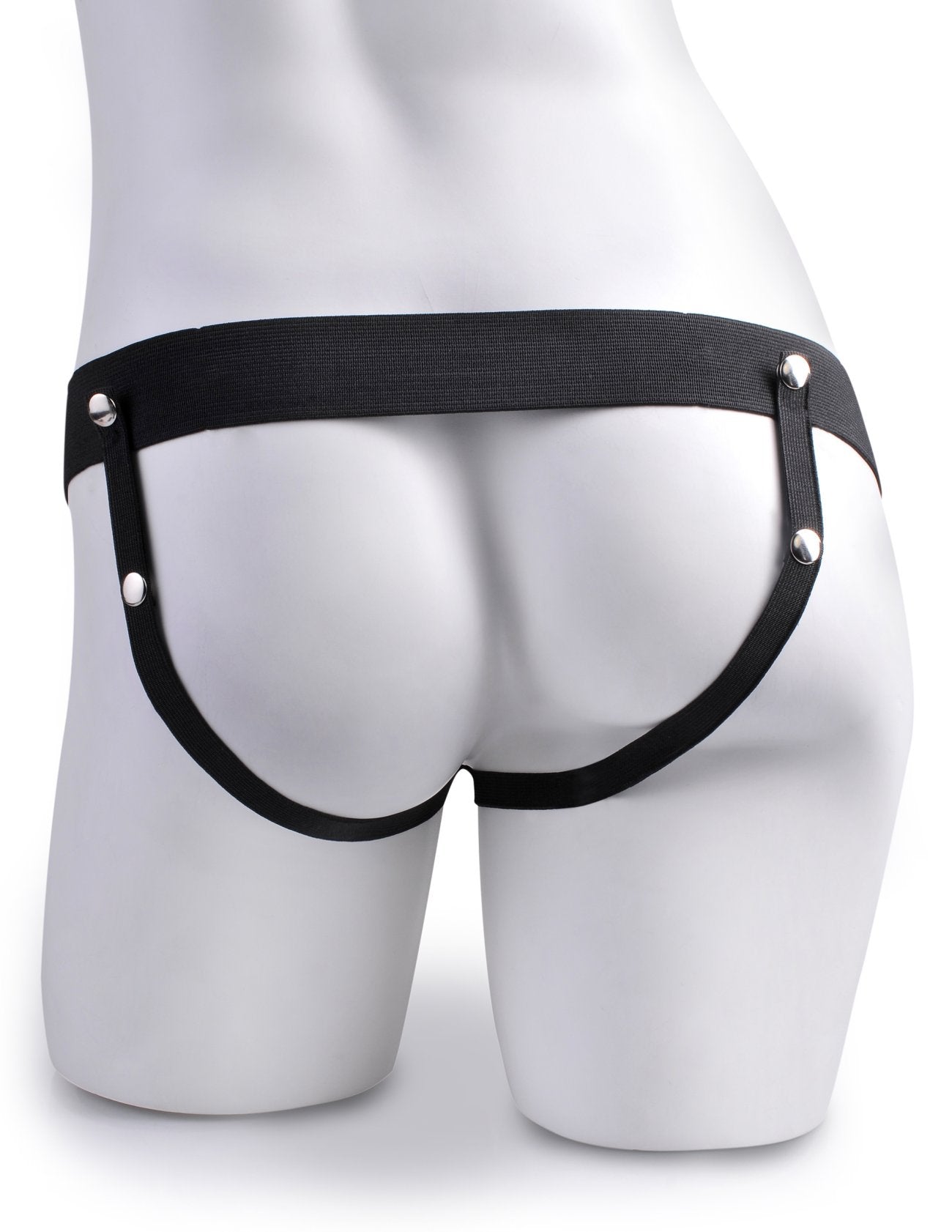 Back-side of the harness as it's worn on a mannequin. It's a jock-style harness with two straps that run underneath the butt cheeks. | Kinkly Shop