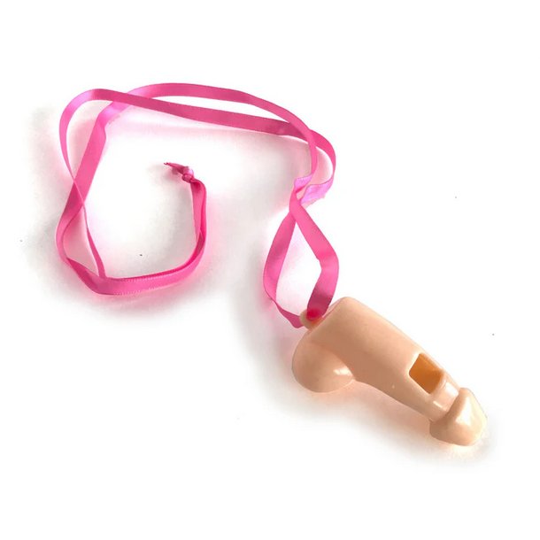 A single Super Fun Penis Party Whistle attached to a pink ribbon | Kinkly
