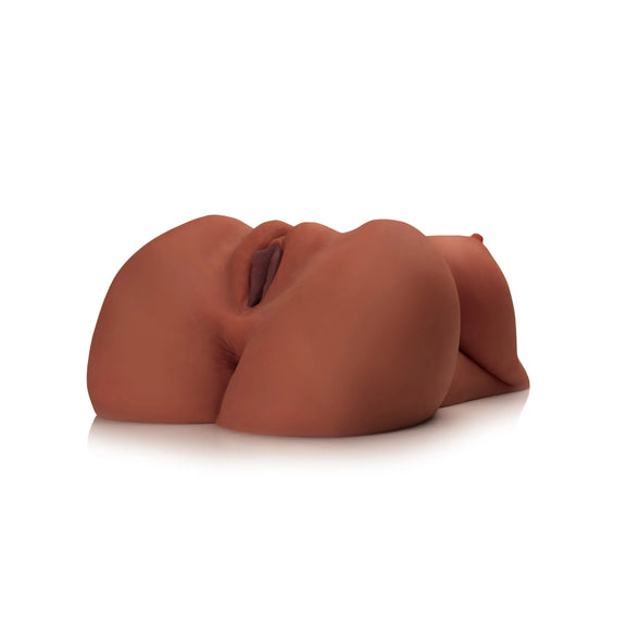 Close-up of the vulva on the EZ Bang Torso. The breasts are large enough and soft enough to be visible while still looking at a close-up of the vulva. | Kinkly Shop