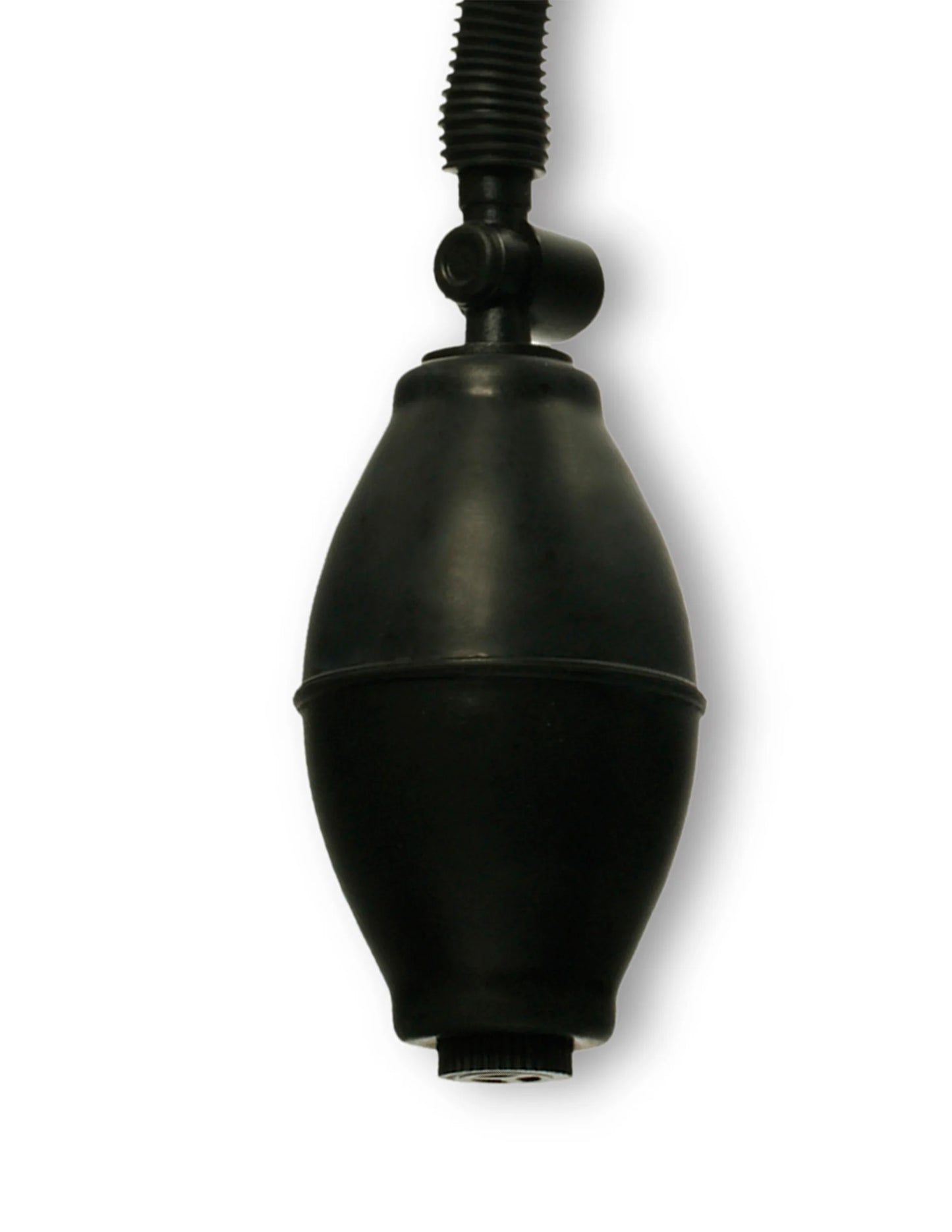 Close-up of the inflation bulb on the Fetish Fantasy Series Pussy Pump. It's a standard inflation bulb with an oval-shape and button-press quick-release button. | Kinkly Shop