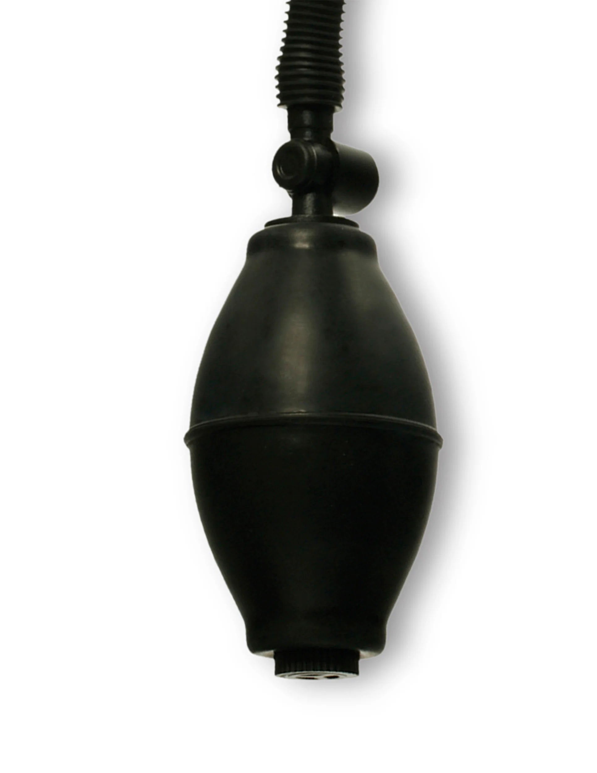 Close-up of the inflation bulb on the Fetish Fantasy Series Pussy Pump. It's a standard inflation bulb with an oval-shape and button-press quick-release button. | Kinkly Shop