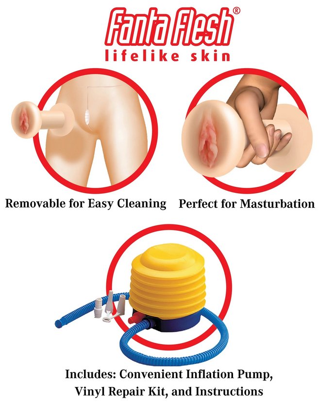 Collage of 3 images that showcase the various features of the Hannah Harper Life-Size Inflatable Sex Doll. Features include Removable for easy cleaning, Strokers perfect for masturbation, and includes convenient inflation pump, vinyl repair kit, and instructions. | Kinkly Shop