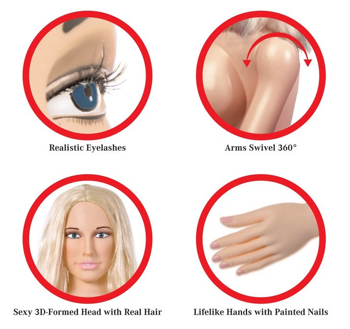 A collage of 4 images showcases various features of the Hannah Harper Life-Size Inflatable Sex Doll. Features include realistic eyelashes, arms swivel 360-degrees, sexy 3D-formed head with real hair, lifelike hands with painted nails. | Kinkly Shop