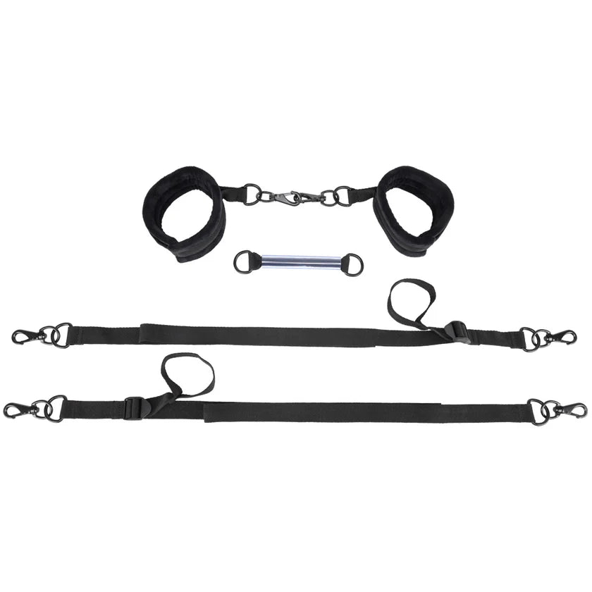 Everything included in the Sportsheets Pivot Connection Kit. There's two cuffs, a plastic handle, and two adjustable tethers. | Kinkly Shop