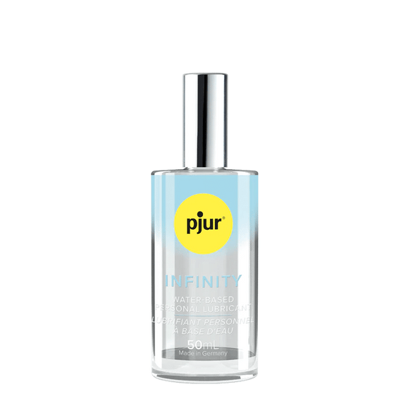 Pjur Infinity Water lube bottle in front of a transparent background. The bottle's clear design looks like it would be see-through. | Kinkly Shop