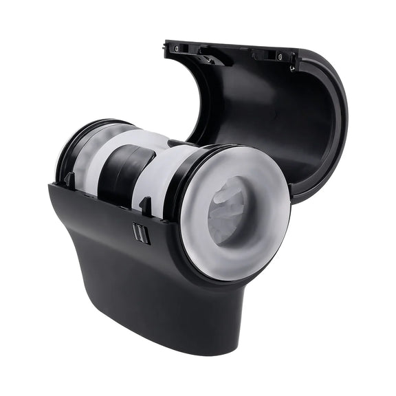 The Playboy Come Along with the external plastic case shown opened, showcasing the stroker design inside. | Kinkly Shop