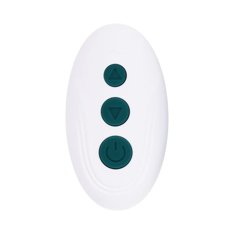 Close-up of the three buttons on the remote that controls the Playboy Have A Seat. There's the power button and an increase and decrease button. | Kinkly