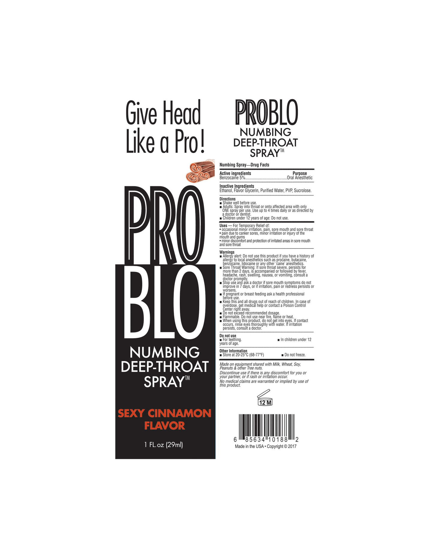 Packaging for the Problo Numbing Spray laid flat, allowing for easier reading. This has the info panel displayed as well. | Kinkly Shop