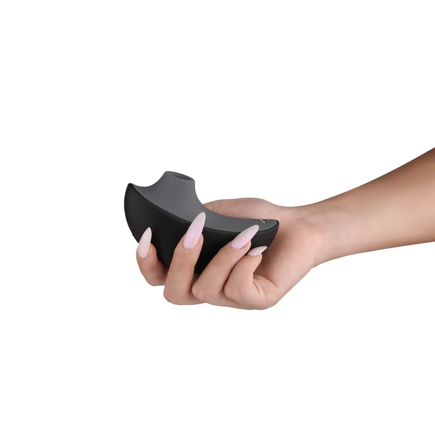 A person holds the air suction stimulator half of the Svakom Pulse Galaxie. It has a protruding, hollow tip. It looks small and easy-to-grip in the person's hand. | Kinkly Shop