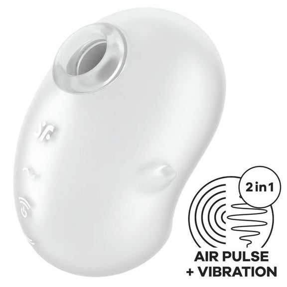 The Satisfyer Cutie Ghost in White shown next to a icon that states "2 in 1. Air pulse + vibration" | Kinkly Shop