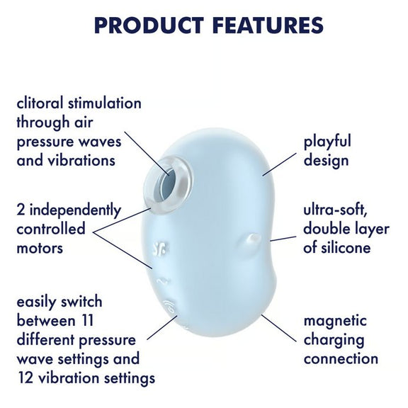 The Satisfyer Cutie Ghost surrounded by a text list of all of the features. Text reads: Clitoral stimulation through air pressure waves and vibrations, 2 independently controlled motors, easily switch between 11 different pressure wave settings and 12 vibration settings, playful design, ultra-soft double layer of silicone, magnetic charging connection | Kinkly Shop