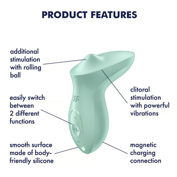 The Satisfyer Exciterrr surrounded by a text list of features. Text includes: Additional stimulation with rolling ball, easily switch between 2 different functions, smooth surface made of body-friendly silicone, clitoral stimulation with powerful vibrations, magnetic charging connection. | Kinkly Shop