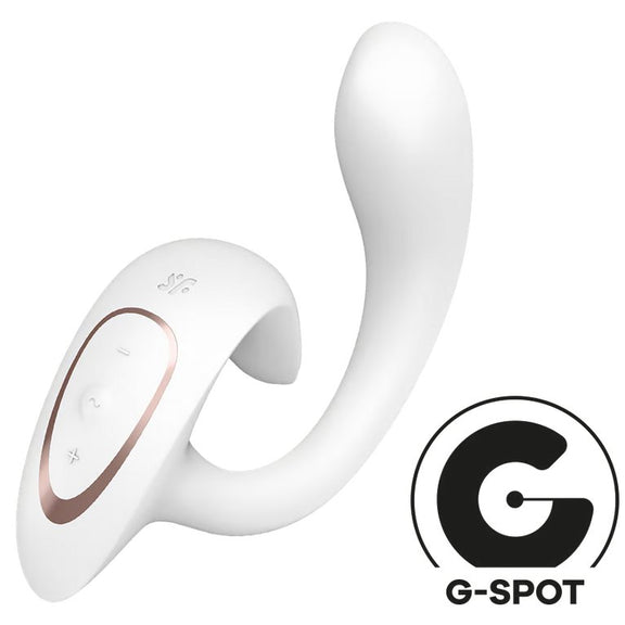 The Satisfyer G for Goddess is in front of a plain white background. An icon in the corner says "G-Spot". | Kinkly Shop