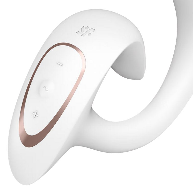 Close-up on the control panel on the tip of the Satisfyer G for Goddess. There are three buttons on the handle of the vibrator. | Kinkly Shop