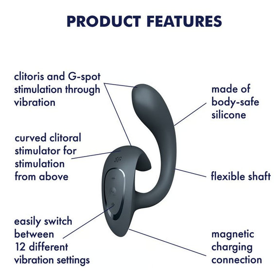 The Satisfyer G for Goddess surrounded by a list of text features. Text reads: Clitoris and g-spot stimulation through vibration. Curved clitoral stimulator for stimulation from above. Easily switch between 12 different vibration settings. Made of body-safe silicone. Flexible shaft. Magnetic charging connection. | Kinkly Shop