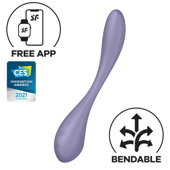 Satisfyer G-Spot Flex 5 in Lilac. Icons near the vibrator say "Free App" and "CES Innovation Awards 2021". It also says "Bendable" and shows multiple arrows showcasing how the toy can bend. | Kinkly Shop
