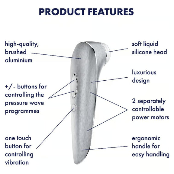 The Satisfyer High Fashion surrounded with the features of the item. Text reads: High-quality brushed aluminum, buttons for controlling the pressure wave programs, one touch button for controlling vibration, soft liquid silicone head, luxurious design, 2 separately controllable pwer motors, ergonomic handle for easy handling. | Kinkly Shop