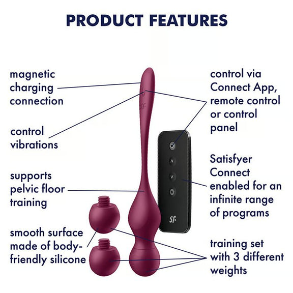 The Satisfyer Love Birds Vary shown next to a text list of features. Text reads: Magnetic charging connection, control vibrations, supports pelvic floor training, smooth surface made of body-friendly silicone, control via Connect APP, remote control, or buttons on toy, Satisfyer Connect App enabled for an infinite range of programs, training set with 3 different weights. | Kinkly Shop