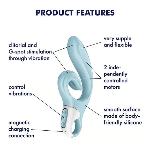 The Satisfyer Love Me shown next to a text list of features of it. Text includes: Clitoral and g-spot stimulation through vibration, control vibrations with 3 buttons, magnetic charging connection, very supple and flexible, 2 independently controlled motors, smooth surface mae of body-friendly silicone. | Kinkly Shop