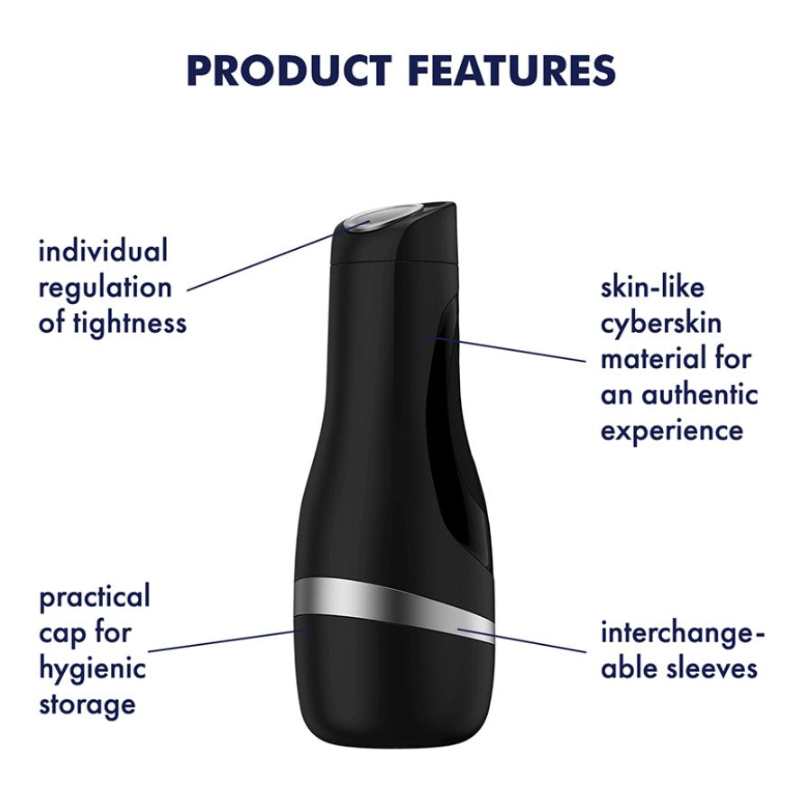 The Satisfyer Men Classic surrounded by text showcasing the various features of the stroker. Text reads: Individual regulation of tightness. Practical cap for hygienic storage. Skin-like cyberskin TPE material for an authentic experience. Interchangeable sleeves. | Kinkly