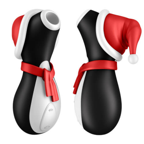 Two side-by-side images show the Satifyer Pro Penguin Holiday Edition from the front and the back. The Holiday Santa hat protrudes surprisingly far back from the toy, adding adorable realism to the toy. | Kinkly Shop