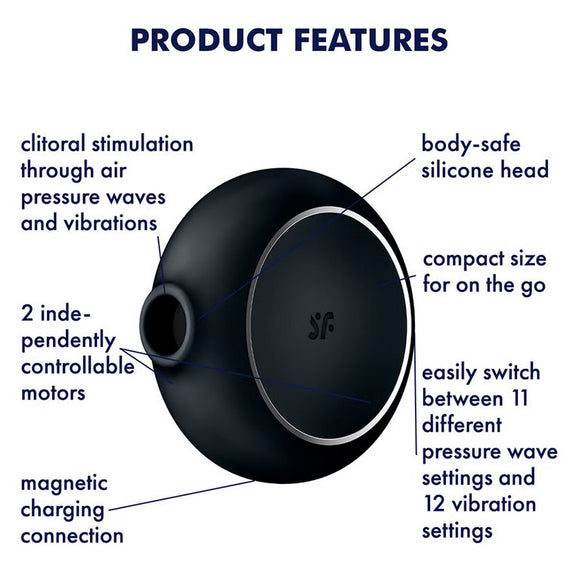 The Satisfyer Pro To Go 3 shown next to a list of text features. Text reads: "clitoral stimulation through air pressure waves and vibrations. 2 independently controlled motors. magnetic charging connection. body-safe silicone head. compact size for on the go. easily switch between pressure wave and vibration settings" | Kinkly Shop