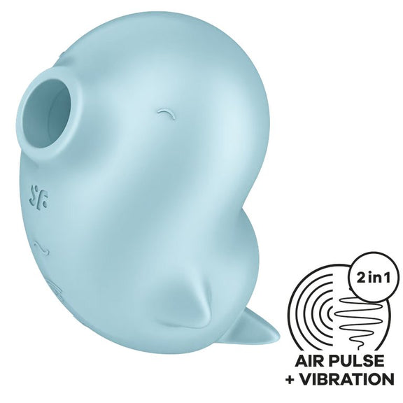 Satisfyer Sassy Seal in front of a plain white background. An icon and text in the corner reads "Air Pulse + Vibration. 2 in 1" | Kinkly Shop