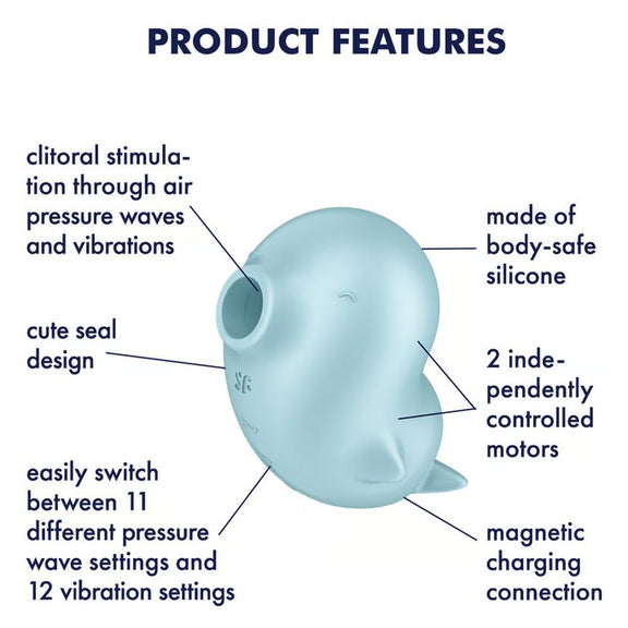 The Satisfyer Sassy Seal with a text list of features around it. Text reads: Clitoral stimulation through air pressure waves and vibrations. cute seal design. easily switch between 11 pressure wave and 12 vibration settings. made of body-safe silicone. 2 indepently controlled motors. magnetic charging connection" | Kinkly Shop