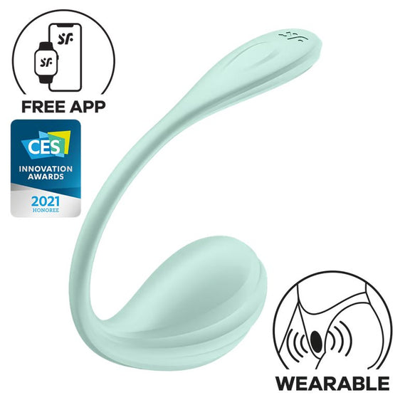 The Satisfyer Smooth Petal in Mint next to text and icons that state "Free app. CES Innovation awards 2021 Honoree. Wearable in the panties" | Kinkly Shop