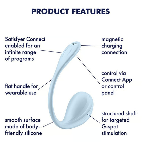 The Satisfyer Smooth Petal shown next to a text list of all of its features. Text includes: Satisfyer Connect enabled for an infinite range of programs, flat handle for wearable use, Smooth surface made of body-friendly silicone, magnetic charging connection, control via Connect App or control panel, Structured shaft for targeted g-spot stimulation. | Kinkly Shop