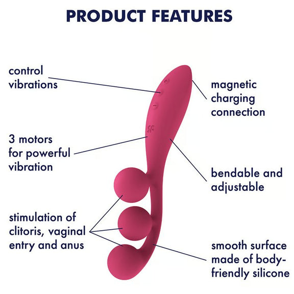 The Satisfyer Tri Ball 1 with text features written all around it. Text reads: "control vibrations, 3 motors for powerful vibration, stimulation of clitoris, vaginal entry, and anus, magnetic charging connection, bendable and adjustable, and smooth surface made of body-friendly silicone" | Kinkly Shop